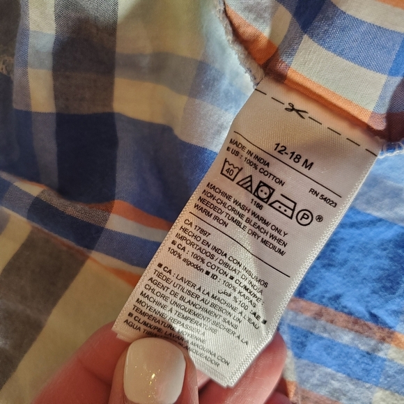 Old Navy Boys 12-18m Plaid Button Down Shirt Blue Orange EUC - Picture 3 of 16